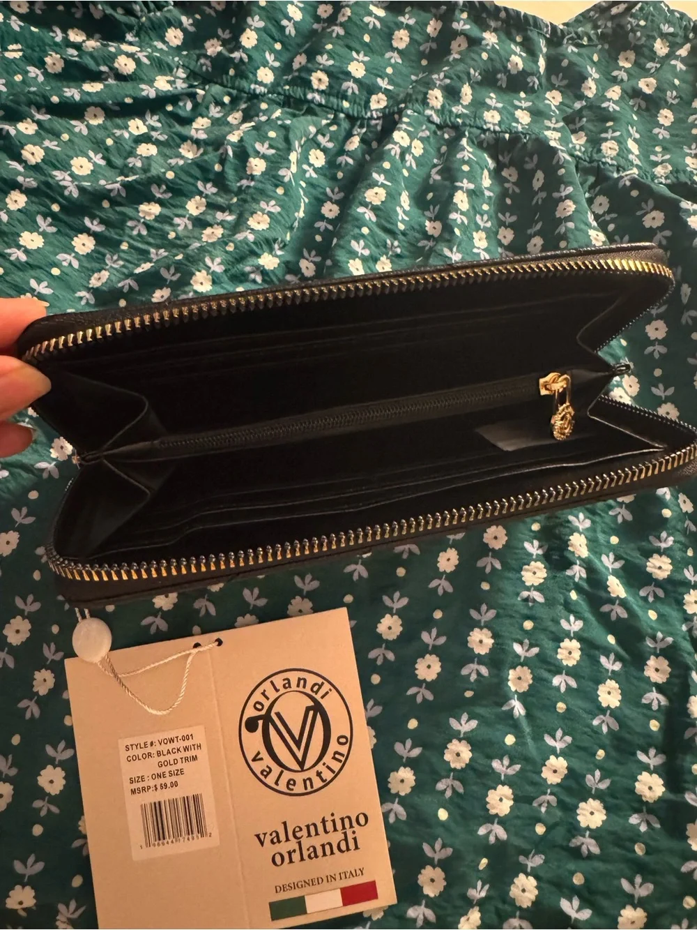 Valentino Orlandi Black Quilted Zip-Around Wallet with Gold V Emblem